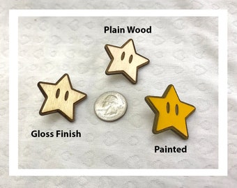 Laser engraved Mario Starman pins pushback pins wood etched retro