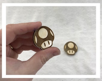 Laser engraved Mario 1-Up Mushroom pins pushback pins wood etched retro