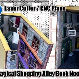 May include: A miniature Magical Shopping Alley Book Nook, designed for laser cutting or CNC plans. The model features detailed facades with stone walls, purple window frames, and a "School Books" sign. The overall design is a charming, whimsical diorama.
