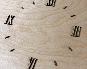 Lasercut Tall and Narrow Clock Roman Numerals 12, 3, 6, 9 and Dashes