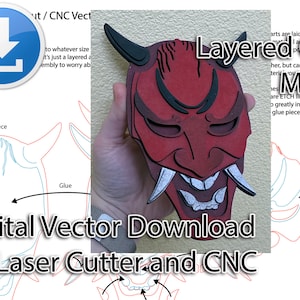 May include: A layered Oni mask in red, black, and white, with the text "Layered Oni Mask" and "Digital Vector Download for Laser Cutter and CNC." The mask has horns and sharp teeth, designed for laser cutting.