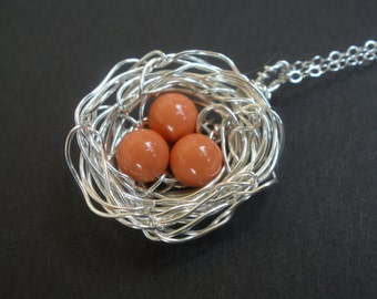 Mother's Necklace, Mother's Jewelry, Mother's Gift, Orange, Coral, Sterling Silver, Bird, Pearl, Wire Wrapped, Nest Necklace, Friend Gift