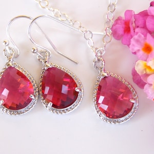 Bridesmaid Jewelry Set, Fuschia Earrings and Necklace Set, Hot Pink, Dark Pink, Sterling Silver, Wedding Jewelry, Dangle, Pendant Set, Drop