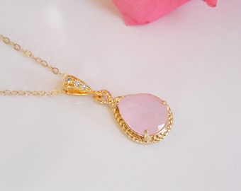 Bruidsmeisje Sieraden, Ice Pink Ketting, Zacht Roze, Licht roze, goud gevuld, kubieke Zirconia, Bruiloft Sieraden, Bruidsmeisje Geschenken, Hanger, Cadeau