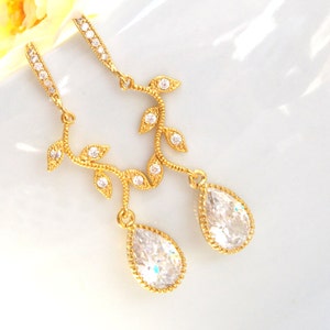 Bridesmaids Earrings, Cubic Zirconia and Leaves, Brides Gifts, Bridesmaids Earrings,Long Earrings,Gold ,Clear, Dangle, Wedding Earrings