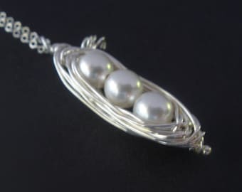 Peapod Necklace, Sterling Silver, Peas in a Pod, Moms Gift, Pea, Mothers Necklace, White Pearl, Wire Wrapped, Gift