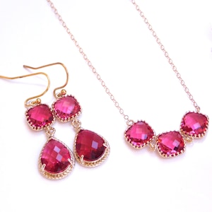 Bridesmaid Jewelry, Fuschia Earrings and Necklace Set, Dark Pink, Hot Pink, Fuchsia, Gold Filled, Wedding Set, Dangle, Pendant Set, Gifts