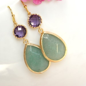 Hochzeitsschmuck, Brautjungfer Schmuck, grün Agata Amethyst, grüne Jade lila, Brautjungfer Ohrringe, Bräute Geschenke, Tropfen, Gold, baumeln, Geschenk,