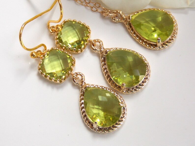 Wedding Set Green Green Apple Gold Filled Peridot Pendant Set Apple Green Earrings and Necklace Set Bridesmaid Jewelry Set Dangle