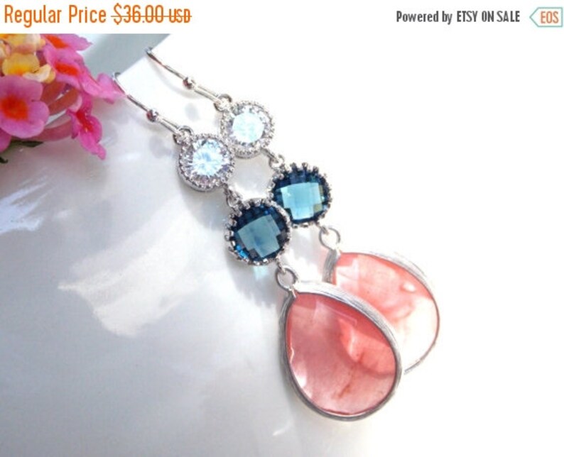 Long Earrings Wedding Jewelry,Coral Navy Blue Clear Earrings Brides Gifts,Bridesmaids Gifts,Bridesmaids Jewelry Bridesmaids Gifts Dangle