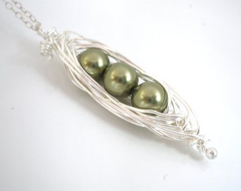 Sterling Silver Peapod Necklace, Green Swarovski Pearl, Mom's Gift