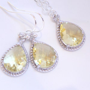 Bridesmaid Jewelry, Yellow Earrings and Necklace Set, Soft Yellow, Citrine, Sterling Silver, Wedding Jewelry, Dangle, Bridesmaid Pendant Set