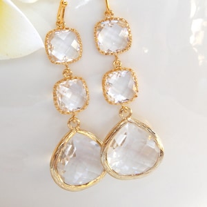 Wedding Jewelry, Gold Clear Earrings, Crystal, Bridesmaid Jewelry, Bridesmaid Earrings, Bridal Earrings, Dangle, Long, Bride Earrings,Gift