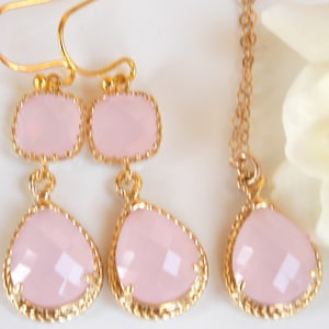 Bridesmaid Jewelry Set, Ice Pink  Earrings and Necklace Set, Light Pink, Soft Pink, Pale Pink, Gold Filled, Wedding Set, Dangle, Pendant Set