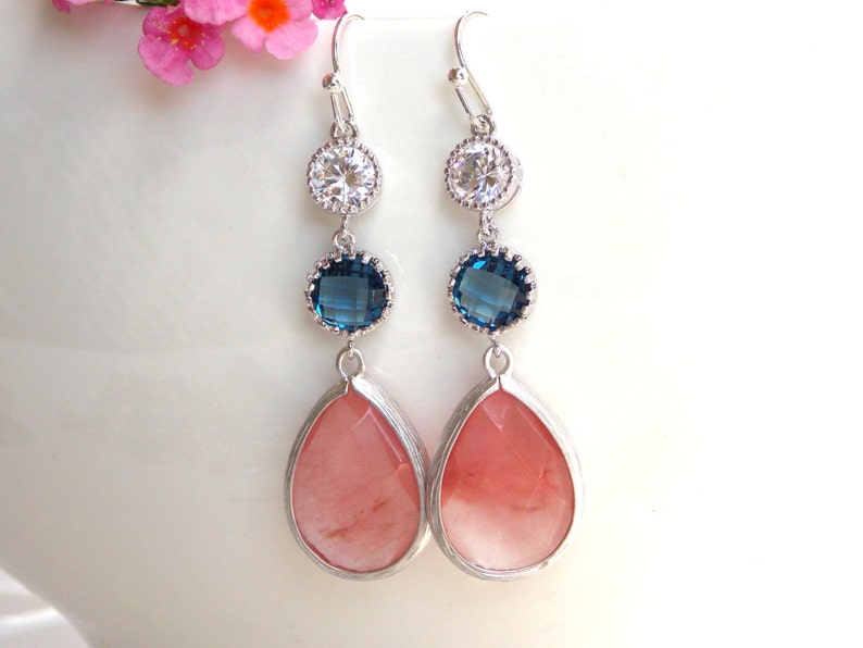 Long Earrings Wedding Jewelry,Coral Navy Blue Clear Earrings Brides Gifts,Bridesmaids Gifts,Bridesmaids Jewelry Bridesmaids Gifts Dangle