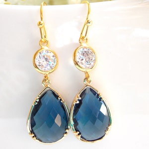 Wedding Jewelry, Cubic Zirconia and Navy Blue Earrings, Bridesmaids Jewelry, Dark Blue, Montana Blue,Gold,Mother&#39;s Gift,Dangle Drop,Teardrop