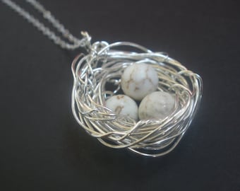 Mother's Necklace, Mother's Jewelry, Mother's Gift, Beige, Tan, Sterling Silver Bird Nest,  Pearl, Wire Wrapped, Nest Necklace, Friend Gift