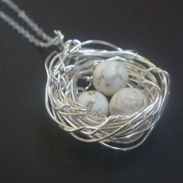 Mother's Necklace, Mother's Jewelry, Mother's Gift, Beige, Tan, Sterling Silver Bird Nest,  Pearl, Wire Wrapped, Nest Necklace, Friend Gift