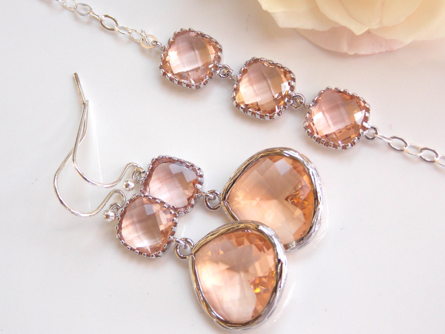 Bridesmaid Jewelry Silver Peach Earrings Champagne Glass Drop Earrings Blush Earrings Blush Bridesmaid Earrings Wedding Jewelry