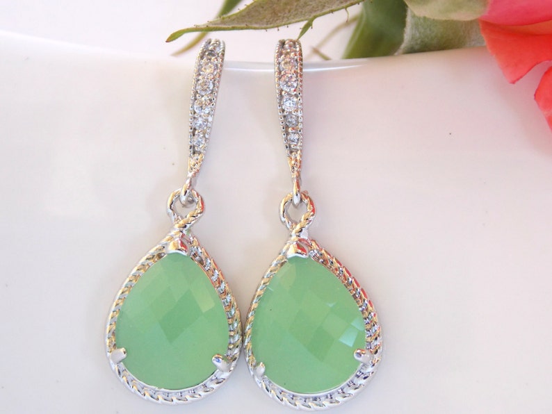 Wedding Jewelry, Mint Green Earrings, Light Green, Pistachio, Silver, Cubic Zirconia, Bridesmaid Jewelry, Bridesmaid Earrings, Dangle, Gift image 1