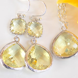 Wedding Jewelry Set, Yellow Earrings and Necklace, Sterling Silver, Soft Yellow, Citrine, Bridesmaid Set, Bridesmaid Gifts, Dangle, Pendant