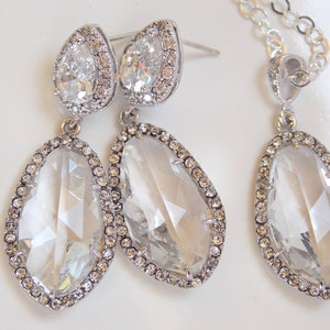 Joias de casamento, conjunto de brincos e colar, transparente, cristal, prata esterlina, zircônia cúbica, pendente, presentes, poste, conjunto, longo, presentes de noiva