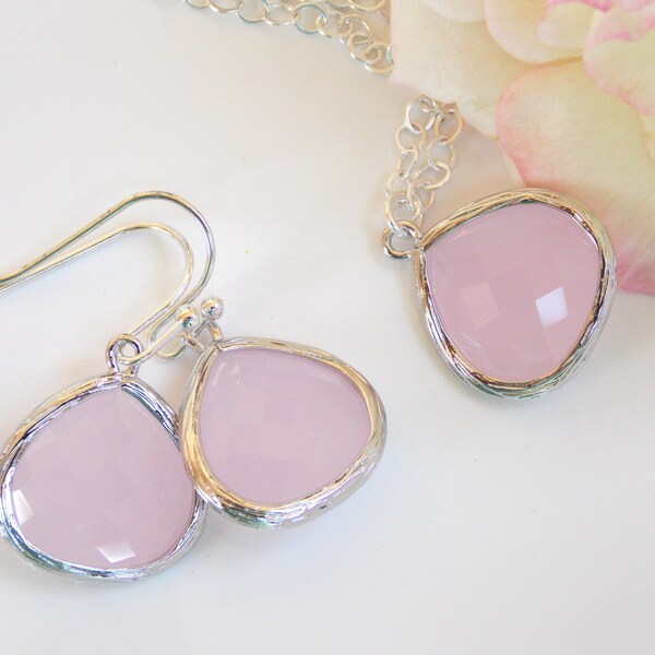 Wedding Jewelry Set, Ice Pink Earrings and Necklace, Pink, Soft Pink, Light Pink, Sterling Silver, Bridesmaid Jewelry, Pendant, Brides Gifts