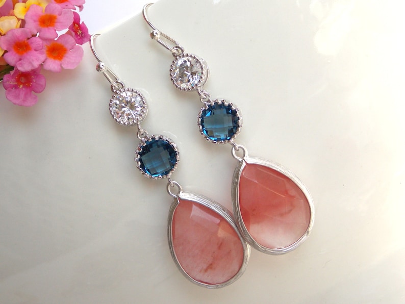 Long Earrings Wedding Jewelry,Coral Navy Blue Clear Earrings Brides Gifts,Bridesmaids Gifts,Bridesmaids Jewelry Bridesmaids Gifts Dangle