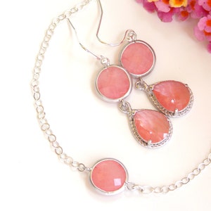 Joias de casamento, brincos e pulseira de coral, toranja, prata esterlina, joias de dama de honra, conjuntos de damas de honra, pendurados, presentes de noivas, longos