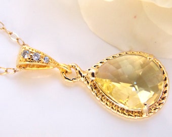 Bridesmaid Jewelry, Yellow Necklace, Citrine, Jonquil, Gold Filled, Wedding Jewelry, Bridesmaid Gifts, Pendant, Cubic Zirconia Necklace,Gift