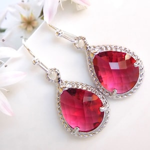 Wedding Jewelry, Fuschia Earrings, Dark Pink, Hot Pink Earrings, Bridesmaid Gifts, Drop, Silver Earrings, Dangle,Brides Gifts,Wedding Gifts,