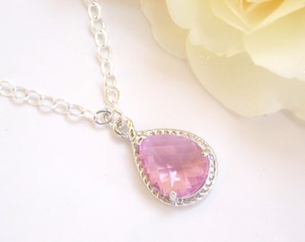 Bridesmaid Jewelry, Pink Necklace, Light Pink, Sterling Silver, Rose, Wedding Jewelry,  Weddings Gifts,Bridesmaid Gifts, Pendant,Bride Gifts