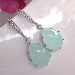 Wedding Jewelry, Mint Earrings, Aqua Earrings, Light Green, Silver, Cubic Zirconia Wedding Gifts, Bridesmaid Jewelry, Bridesmaid Gifts, Drop