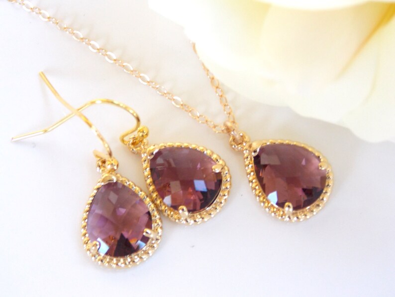 Pendant Wedding Gifts Gift Wedding Jewelry Eggplant Bridesmaid Jewelry Gold Filled Burgandy Plum Earrings and Necklace Set Dangle