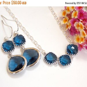 Wedding Jewelry, Navy Blue Earrings and Necklace,Dark Blue, Sterling Silver, Bridesmaid Gifts,Bridesmaid Jewelry,Dangle, Pendant Set, Gifts