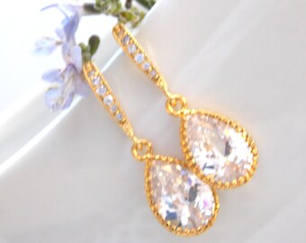 Wedding Jewelry, Gold, Cubic Zirconia, Bridal Jewelry, Bridal Earrings, Bride Earrings, Bridesmaid Earrings, Bridesmaid Gifts,Dangle,