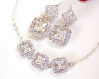 Wedding Jewelry, Bride Set,Sterling Silver,Cubic Zirconia,Bridal Jewelry,Bridal Earrings and Bacelet Set,Bride Earrings,Dangle,Bracelet,Post