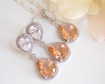 Wedding Jewelry, Cubic Zirconia and Peach Earrings and Necklace,Sterling Silver, Bridal Jewelry, Blush, Champagne, Gifts, Set, Dangle, Gifts