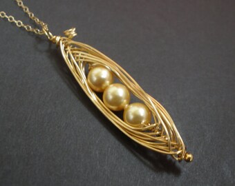 Peapod Gold Necklace, Gold Filled Peapod, Moms Gift, Mothers Necklace, Swarovski Pearl, Wire Wrapped Present