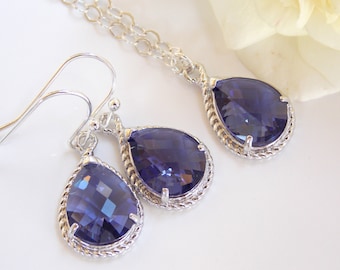 Bridesmaid Jewelry Set, Purple Earrings and Necklace Set,Tanzanite, Amethyst,Sterling Silver, Wedding Jewelry, Dangle, Gift,Pendant Set,Drop
