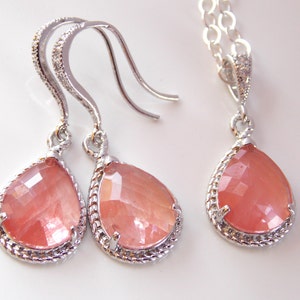 Joias de dama de honra, conjunto de brincos e colar de coral, pêssego, toranja, prata esterlina, zircônia cúbica, pingente, pingente, presentes de noivas, presente