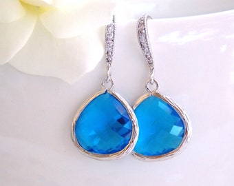 Wedding Jewelry, Blue Sapphire Earrings, Silver,Capri, Royal Blue,Bridesmaid Jewelry,Cubic Zirconia, Dangle,Gifts,Bridal Gifts,Drop Ear