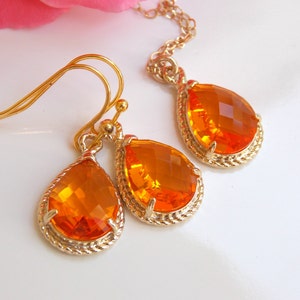 Bridesmaid Jewelry Set, Orange Earrings and Necklace Set, Tangerine, Carnelian, Gold Filled, Wedding Jewelry, Set, Pendant, Bridesmaids Gift