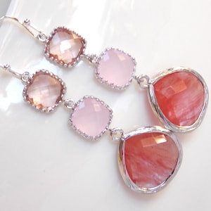 Wedding Jewelry, Peach Ice Pink and Coral Earrings, Coral, Ice Pink, Blush,Silver, Bridesmaid Jewelry, Bridesmaid Earrings, Dangle,Long