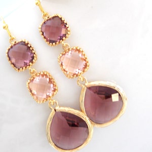 Hochzeitsschmuck, Gold, Pflaume und Pfirsich Ohrringe, Burgund und Blush, Brautjungfer Schmuck, Aubergine Campagne, Brautgeschenke, baumeln, lang, Geschenke