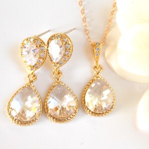 Wedding Jewelry, Cubic Zirconia and Clear Earrings and Necklace, Gold Filled, Bridal Jewelry, Crystal, Wedding Earrings, Gifts, Set, Dangle