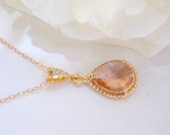 Bridesmaid Jewelry, Peach Necklace, Blush, Champagne, Gold Filled, Wedding Jewelry, Bridesmaid Gifts, Pendant, Cubic Zirconia, Bride Gifts