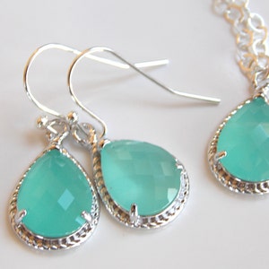 Bridesmaid Jewelry Set, Mint Earrings and Necklace Set, Aqua blue, Mint blue, Sterling Silver, Wedding Jewelry, Dangle, Bridesmaid Gift, Set