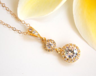 Wedding Jewelry, Gold Filled, Cubic Zirconia, Bridal Jewelry ,Clear, Transparent, Bridesmaids Pendant, Bridesmaid Gifts, Mother's Gifts