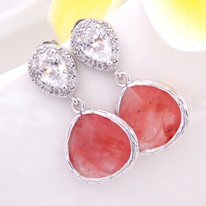 Wedding Jewelry, Cubic Zirconia and Coral Earrings, Silver,Bridal Jewelry,Peach,Charcoal, Wedding Earrings,Mother&#39;s Gift, Post, Dangle,